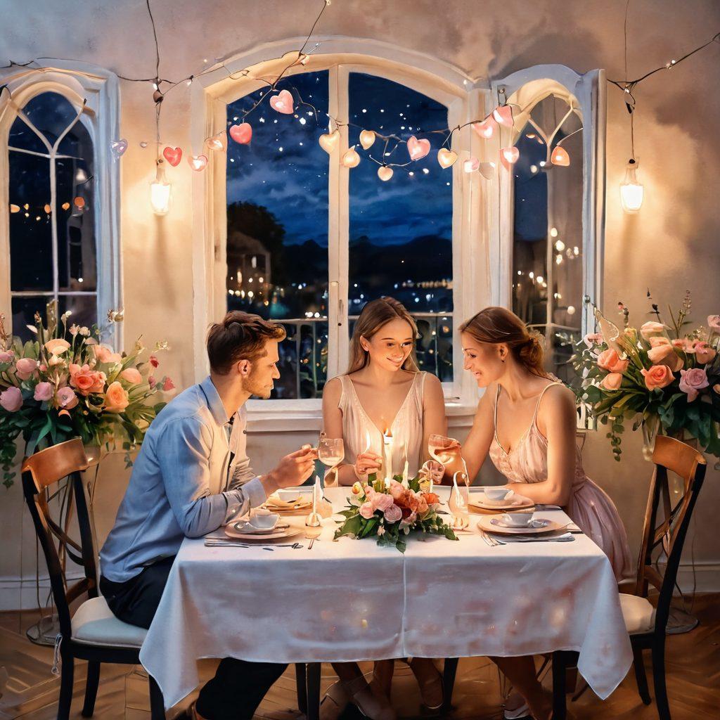 A romantic scene featuring a candlelit dinner set for two, surrounded by heart-shaped decorations and soft fairy lights. Include a couple gazing into each other's eyes, with a table adorned with flowers and elegantly plated food. The ambiance should exude warmth and intimacy, illustrating a deep emotional connection. watercolor painting. soft pastel colors. dreamy atmosphere.