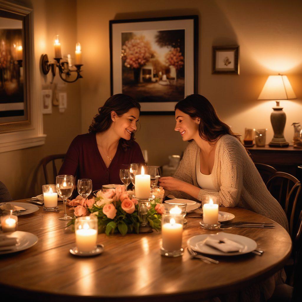 A cozy, intimate scene of a couple sharing a candlelit dinner in a beautifully decorated room, surrounded by soft, warm lighting and personal touches such as framed photos and heartfelt notes. Include elements symbolizing love, like a heart-shaped centerpiece and flowers. The atmosphere should evoke warmth, connection, and romance. soft focus. romantic lighting. warm colors.