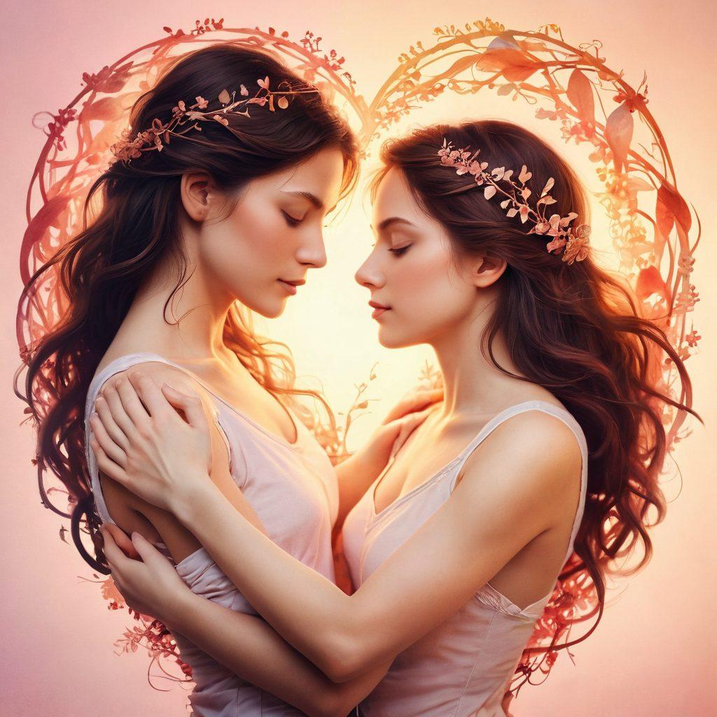 A heart intertwined with delicate vines, symbolizing emotional intimacy, surrounded by warm, soft lighting that evokes a sense of closeness and connection. Two silhouettes of people sharing a gentle embrace in the background, hinting at deep romantic connections. The overall color palette features soft pastels, conveying a feeling of warmth and tenderness. surrealistic. warm colors. soft focus.